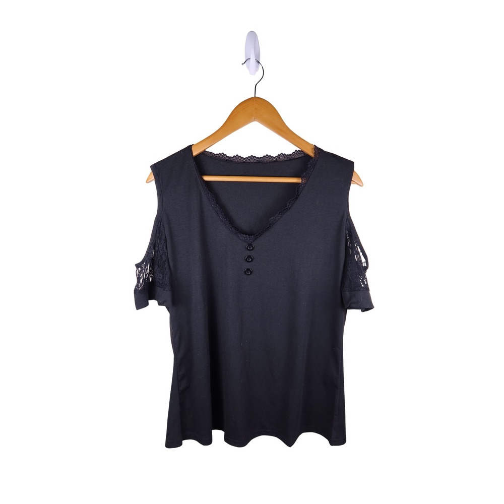 Black Cold Shoulder Lace Trim V-Neck Button Front Blouse Top Women Excellent